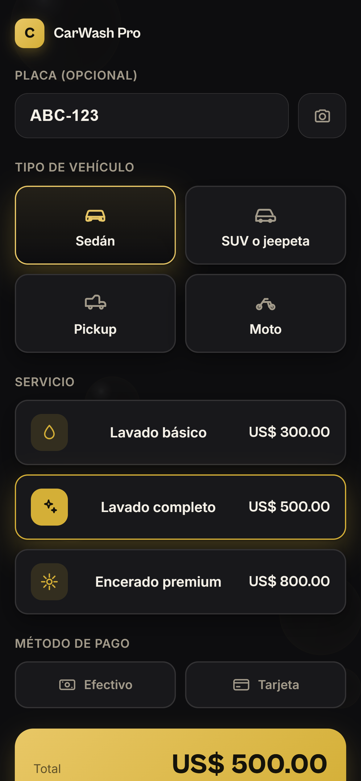 Tela de cobrança de um serviço no CarWash Pro Cloud