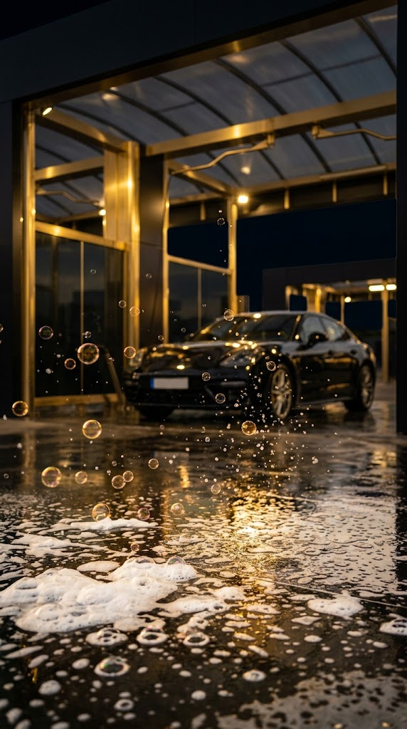 Um carro sendo lavado à noite sob luzes douradas na CarWash Pro